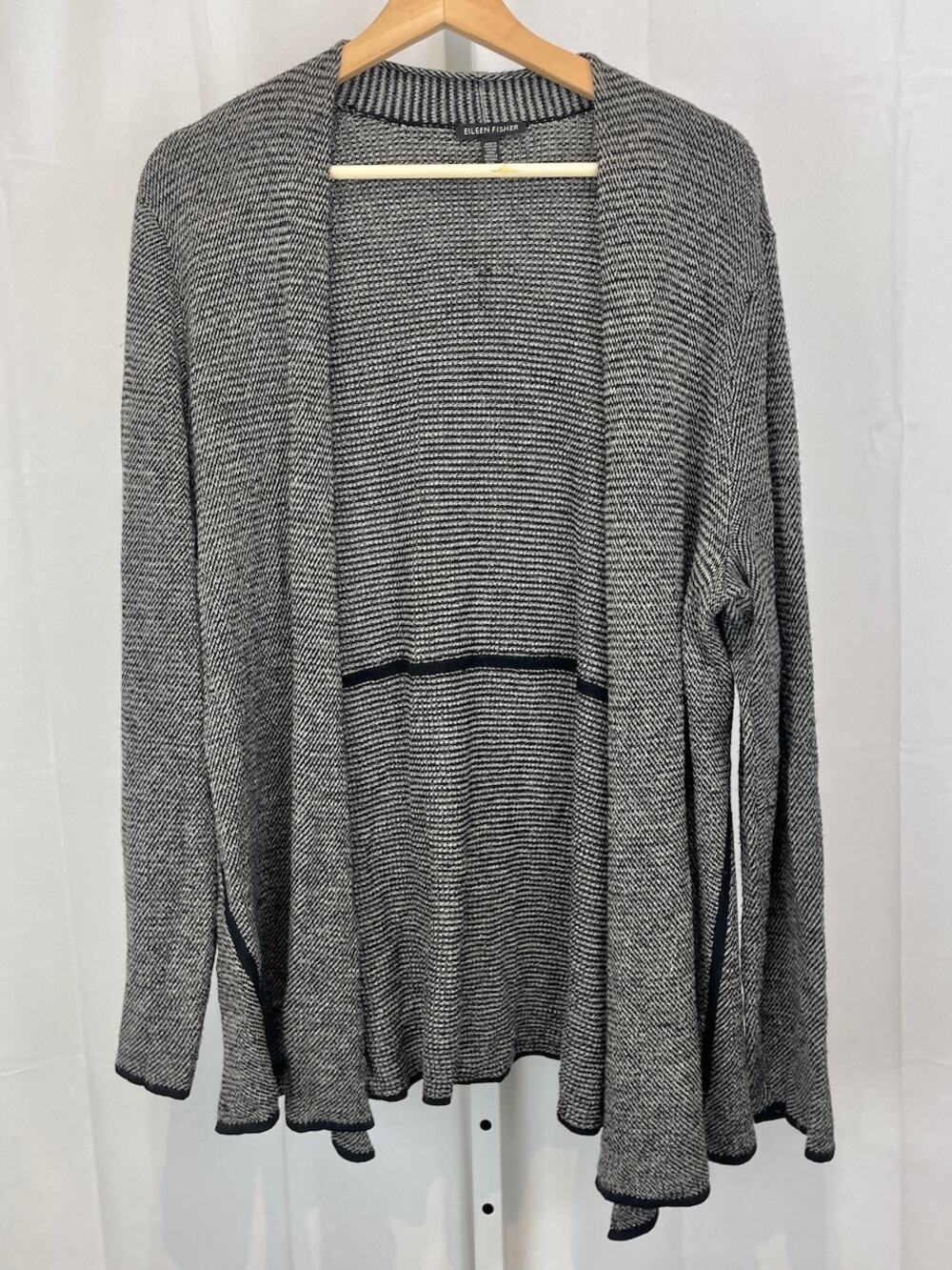 EILEEN FISHER Herringbone Open Cardigan Sweater Wool Blend Black White Size XL